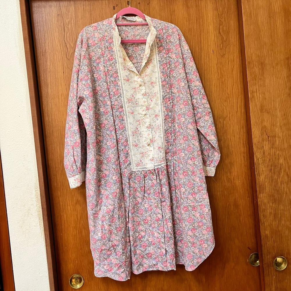 VTG Tom Bezduda for Barad & Co Floral Nightgown House Dress Pink Lace Trim